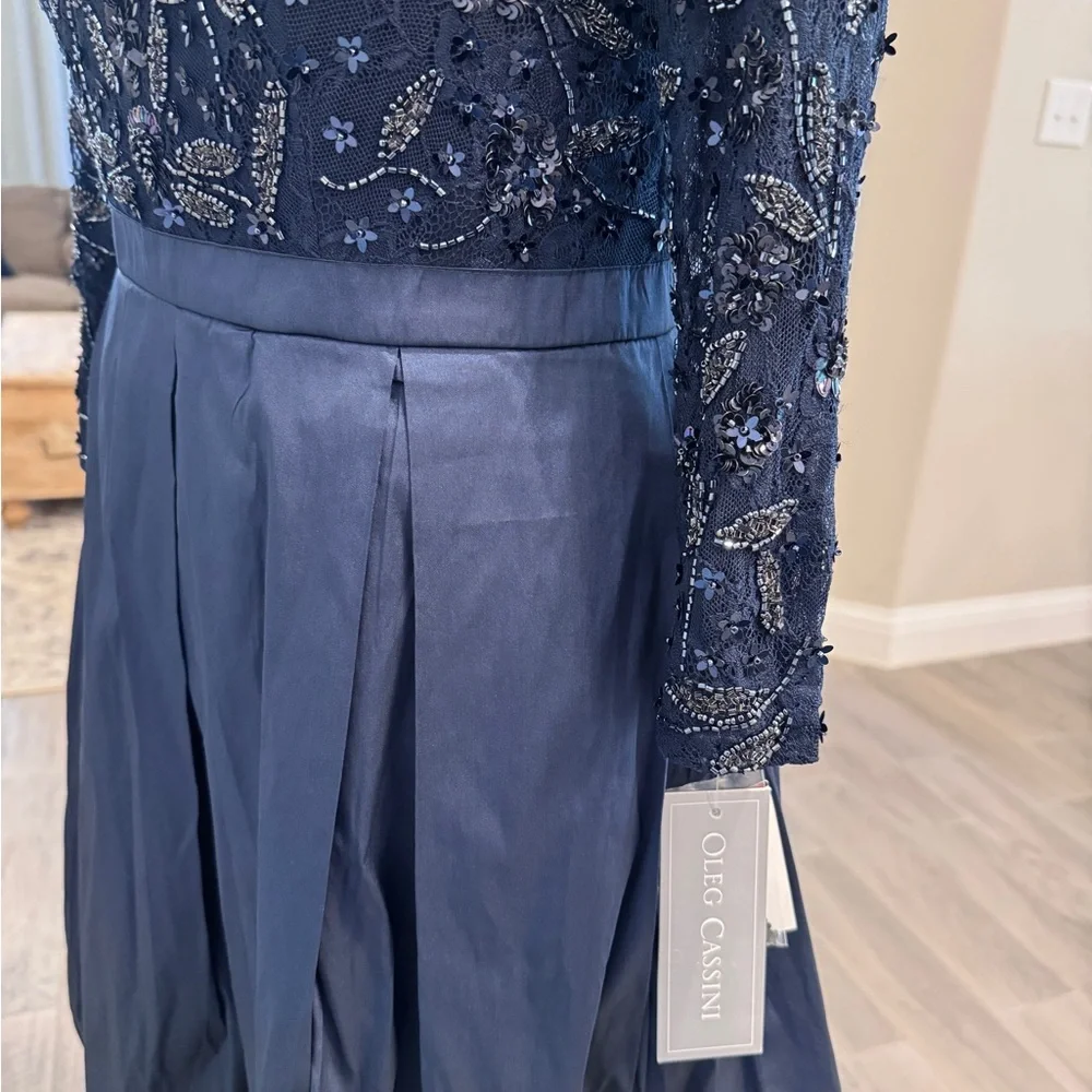 Oleg Cassini Navy Long Sleeve Dress - Picture 2 of 8